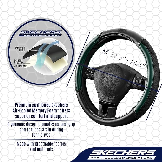 Skechers Air-Cooled Steering Wheel Cover,Leather Car Steering Wheel Cover Universal Fit 14" 1/2-15" Car Wheel Protector for Men Women Fit Suvs,Vans,Sedans,Car,Trucks,Green