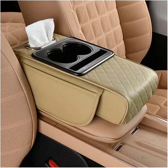 Car Armrest Box Thicken Height Pad Arm Rest Cushion Memory Cotton Elbow Universal Auto Interior Storage Tissue Organizer(Beige)