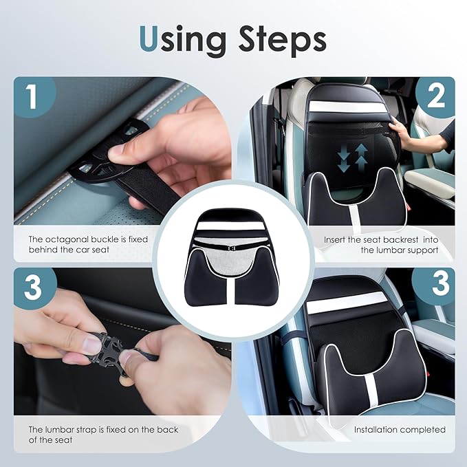 FLORICH Memory Foam Double Layer Breathable Mesh Lumbar Support Ergonomic Leather Lumbar Support Pillow with 3D Mesh Back Support and Adjustable Strap for CarSeat & Office Chair(Black)
