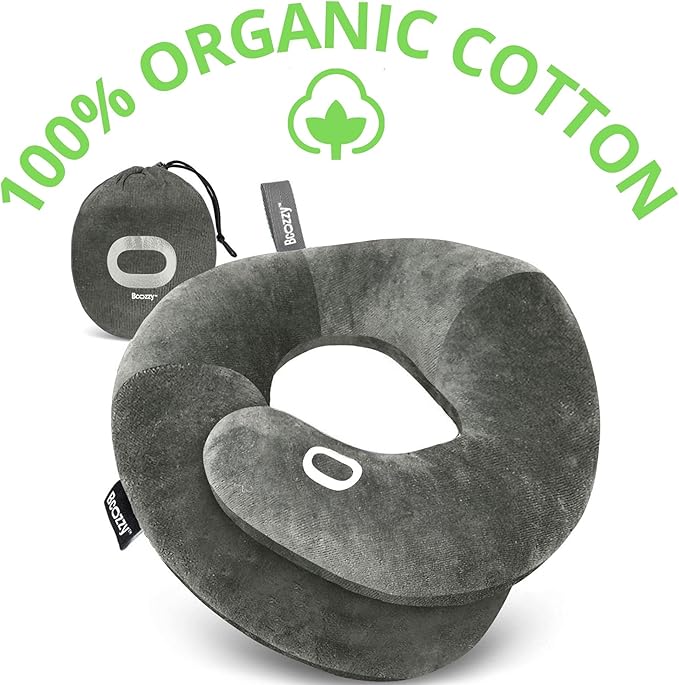 BCOZZY Organic Cotton Double Support Neck Pillow for Travel - 3 Ergonomic Positions for Head, Neck, and Chin Comfort - Ideal for Sleeping Upright on Flights, Cars, and at Home – Large, Gray