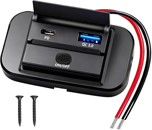 12V Flush Mount USB Charger with Power Switch, Multi-Port Car Charger for RV, Boat, Car, Bus, ATV, Motorcycle - Panel Mount Charging Accessories (PD+QC)