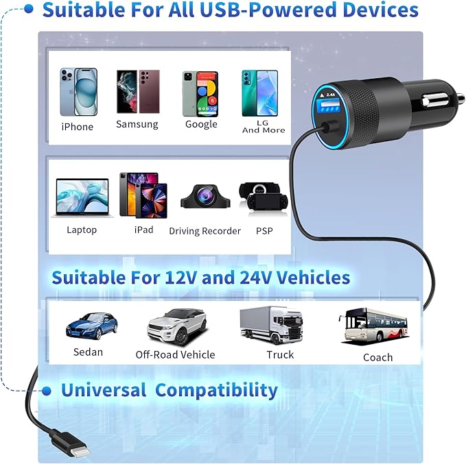 【MFi Certified】iPhone Fast Car Charger, Caiinei 4.8A Dual USB Power Cigarette Lighter iPhone Car Charger Fast Charging Built-in 6FT Lightning Cable for iPhone 14 13 12 11 Pro Max XS Mini XR X SE iPad
