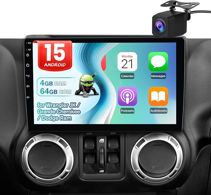 Doreon (4GB+64GB ROM) Car Stereo for Jeep Wrangler JK 2007-2018 Compass Grand Cherokee Dodge Ram 1500, 10.1" Android 15 Radio with Wireless CarPlay Android Auto WiFi GPS BT FM AM SWC Backup Camera