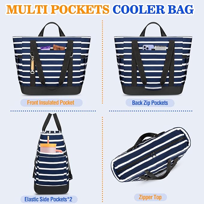 HUANLANG Soft Cooler Bag Insulated for Travel,Large Insulated Grocery Bags with Zippered Top,PEVA Collapsible Food Delivery Cooler Bag for Beach, Travel, Picnics