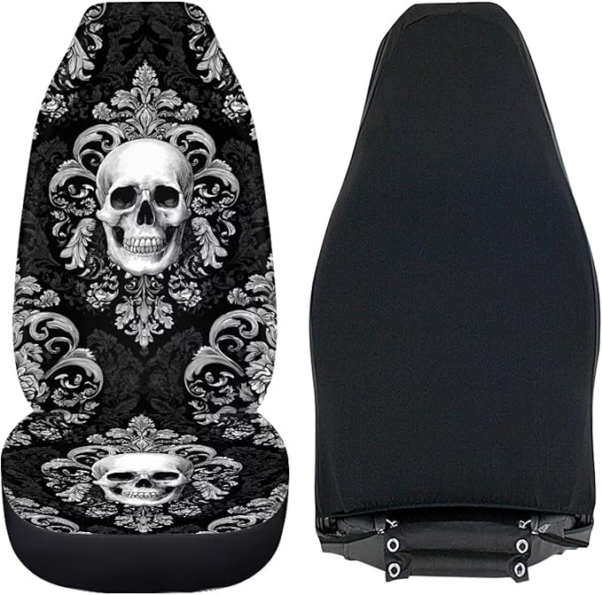 Skull Flower Car Seat Covers Front Seats Only Breathable Stretch Polyester Fabric Cover Easy to Install Car Accessories Universal Fit for Most Vehicle