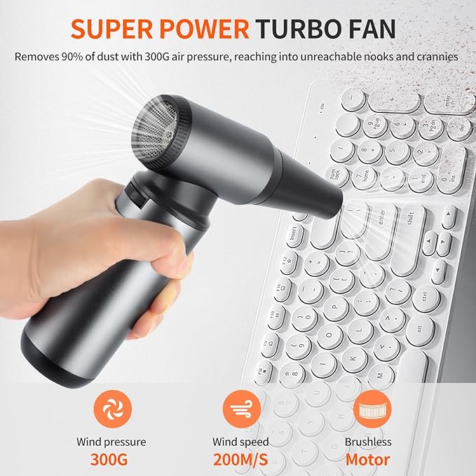 Compressed Air Duster - 300000RPM Brushless Motor Cordless Blower, 8000mAh Rechargeable, 3-Speed Electric Duster for Computer, Keyboard, Car, Home Cleaning