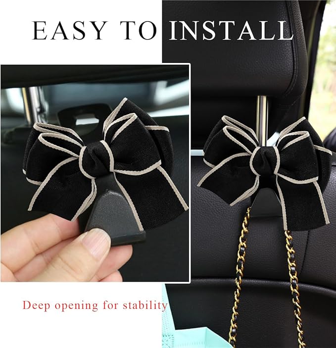 2 PCS Car Seat Headrest Hooks, Cute Bow Shaped Vehicle Backseat Storage Hooks, Leather Bow Shaped Sturdy Car Seat Back Hooks for Purses/Coats/Umbrellas, Car Accessories (White Edge)