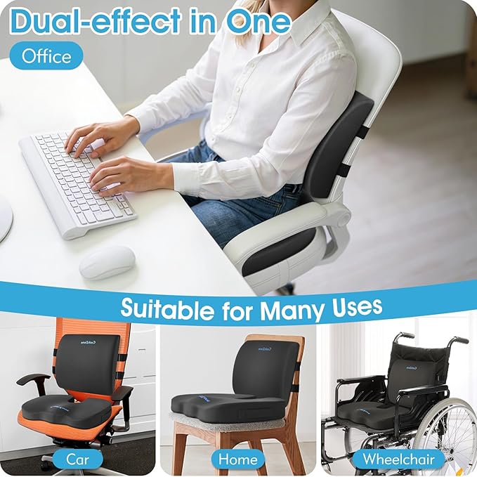 Seat Cushion, Lumbar Support Pillow with Adjustable Strap-Chair Cushions for Sciatica Pain Relief-with Washable Cover Memory Foam for Car, Travel and Wheelchair-Gray X-Large