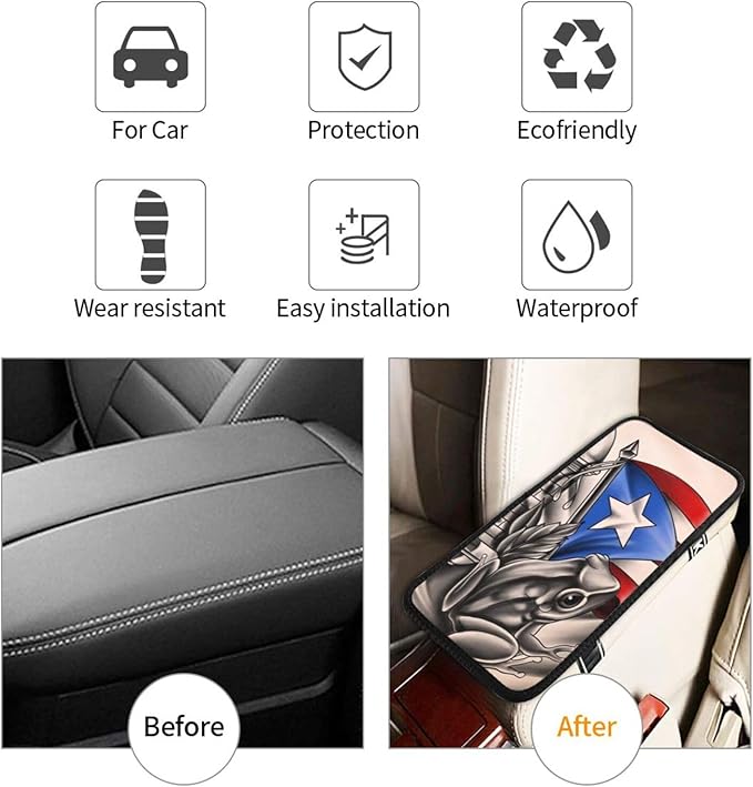 Puerto Rico Rican Flag Frog Car Handrail Box Cushion Auto Center Console Cover Car Center Console Cushion Pad Waterproof Car Armrest Seat Box Cover Fit for Car Truck Rv SUV, Black