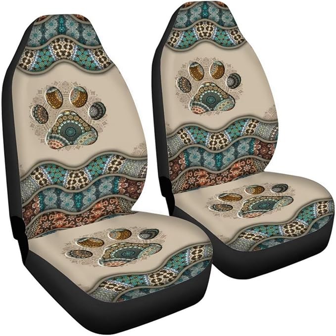 BIGCARJOB Boho Car Seat Covers Set for Front Only Boho Dog Paw Print Car Interior Accessories Cute Seat Protector for Cars Saddle Blanket,Fit Most Vehicle,Cars,Sedan