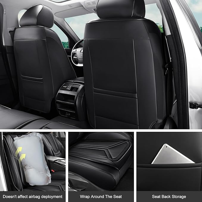 Car Seat Covers, Premium Leather Car Seat Covers, Waterproof and Breathable Seat Covers, Universal Car Seat Protector Fit for Cars, Trucks, SUVs, Pick-ups (Black, 2 PCS Front Seat)