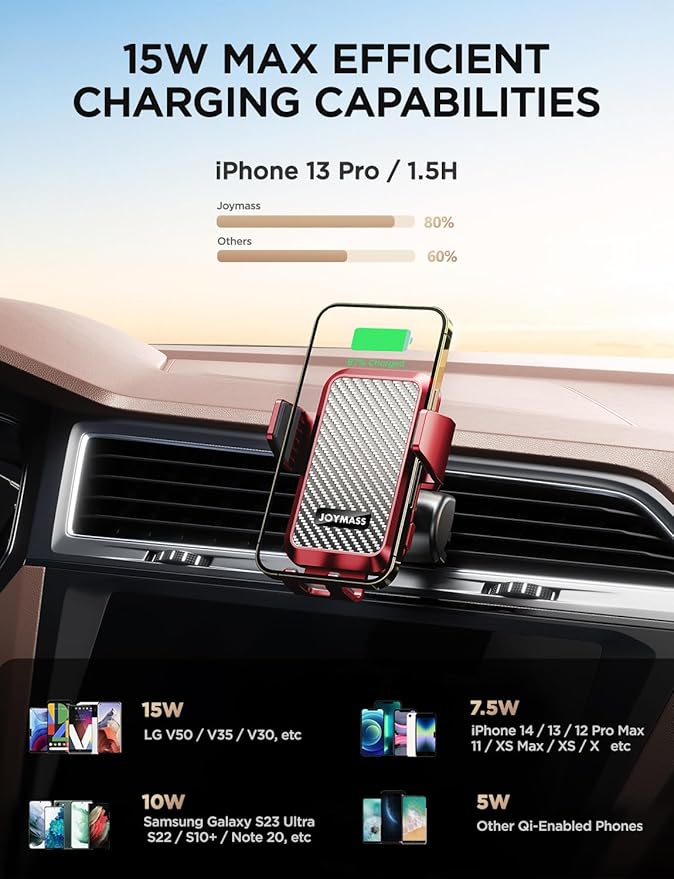 JOYMASS Wireless Car Charger, 15W Fast Charging Auto Clamping Car Charger Cell Phone Holder Mount Vent for iPhone 15 14 13 12 Mini Pro Max 11 XR, Samsung Galaxy S23 Ultra S22 S21+ Note 20, etc - Red