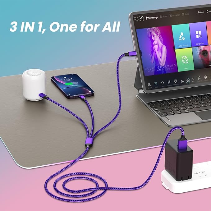 Multi Charging Cable [2Pack 4FT], 3 in 1 Charging Cable USB-A Multi Charger Cable, Braided Multiple Charger Cord with Type-C, Micro USB and IP Port for iPhone 16/15 Series/Cell Phones and More-Purple