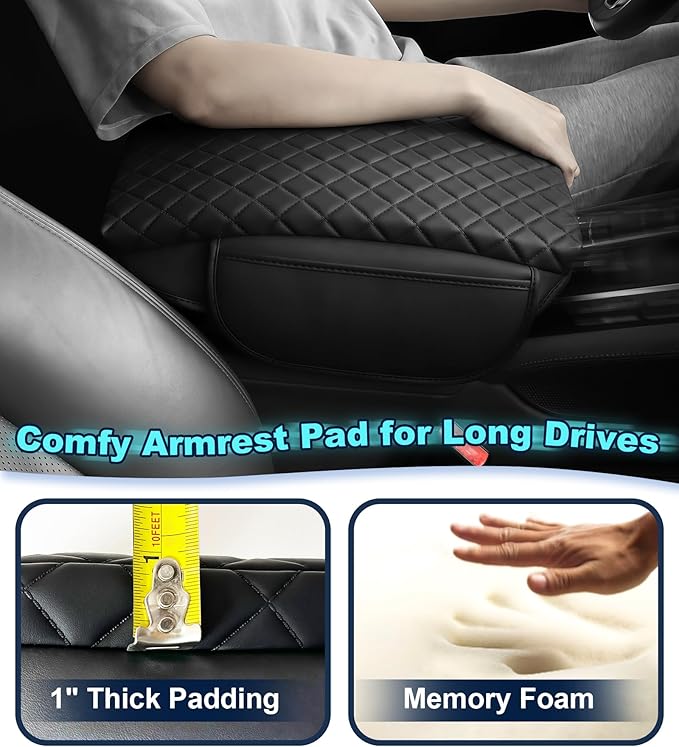 Center Console Cover for Ford Explorer Arm Rest Lid, Diamond Quilted Armrest Pad with 1-Inch Comfort Lift (2020-2026)