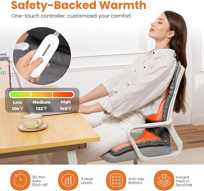 Heated Seat Cushion with Lumbar Support for Office, Heated Seat Cover Pain Relief for Long Sitting, Seat Warmer for Back, Lumbar, Hip, Thigh, Universal Fit, Auto Shut Off, 3 Heat Levels, Dark