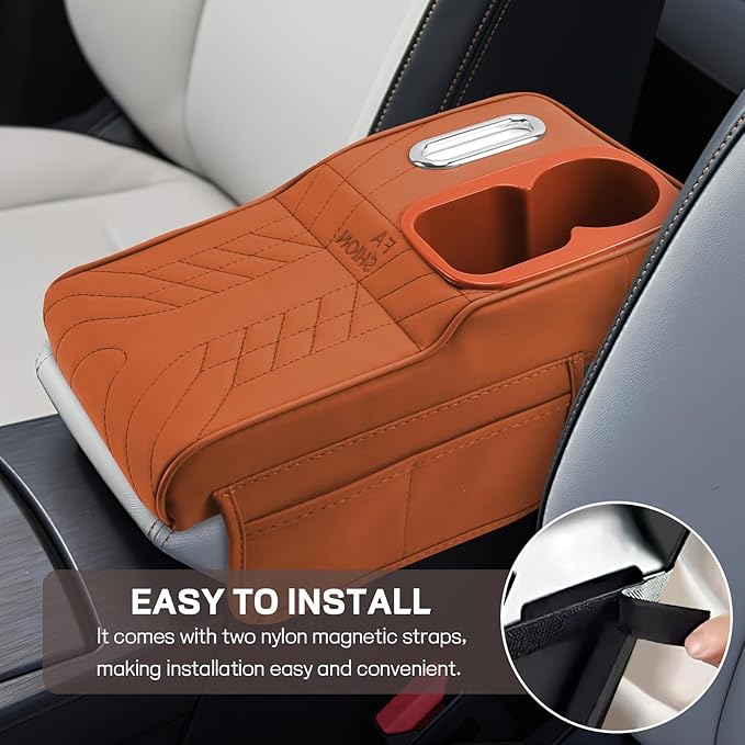 Car Center Console Armrest Pillow, 13.4"×7.5"×2" Leather Auto Arm Rest Cover with Pocket & Tissue Box & Cup Holder, Multifunctional Vehicle Armrest Cushion Pad, Car Accessories (Orange)