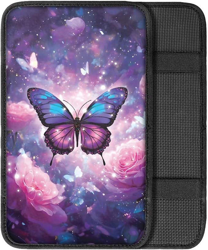 Suobstales Galaxy Butterfly Rose Flower Print Car Armrest Pad Soft Center Console Arm Rest Protector Cover Universal Car Interior Accessories Decoration