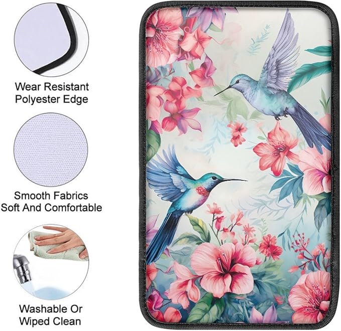 UNICEU Car Decorative Armrest Cover Pad Spring Pink Flower Hummingbird Print Soft Neoprene Car Center Console Armrest Cover Universal