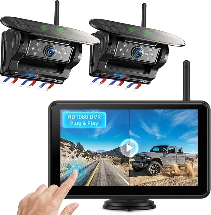 eRapta Dual Magnetic Solar Wireless Backup Cameras: HD1080P 7” Touchscreen Portable with DVR, BSD, 1-Min Install-Free IR Night Vision Hitch Backup Camera for Trailer/Truck/Small RV/Camper/Tractor