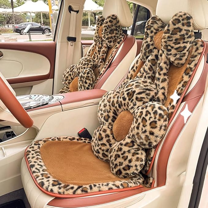 2 Pack Leopard Print Bow Car Headrest Pillow, Comfortable Soft Head Rest Cushion Universal Kawaii Car Accessories Neck Pillow for Driving Travelling Office Home Decor