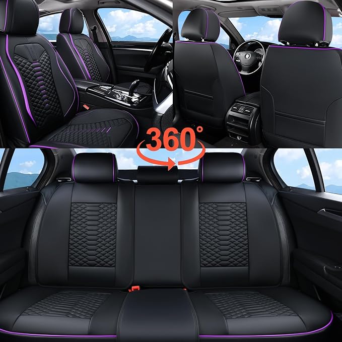 Coverado Leather Seat Covers, Car Seat Covers Full Set, Nappa Leather Seat Covers for Cars, Car Seat Protectors Waterproof, 5 Seats Black&Purple Automotive Seat Covers Fit for Most Cars Trucks