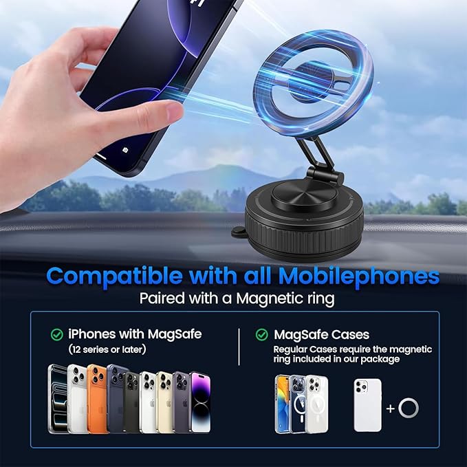 Vacuum Magnetic Phone Holder for Car, 360° Ajustable Car Holders for Magsafe,Ultra Strong Suction Cup Phone Mount, Foldable Cell Phone Holders for Car/Gym/Mirror Bracket for iPhone & Android