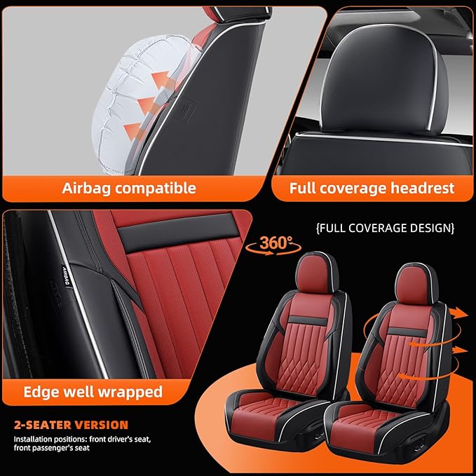 KEYOOG 2-Seater Waterproof and Breathable Nappa Leather Car Seat Covers Full Set, Fit for Front Seats of Cars, Compatible with Airbags, Car Seat Protector Covers for Most Cars - Black Red
