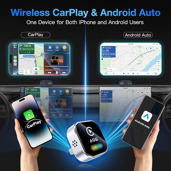 4-in-1 Wireless CarPlay & Android Auto Dongle, 5-Second Auto Connect, Low Latency Screen Mirroring.Convert Wired to Wireless for Car,USB A/C (Silver)
