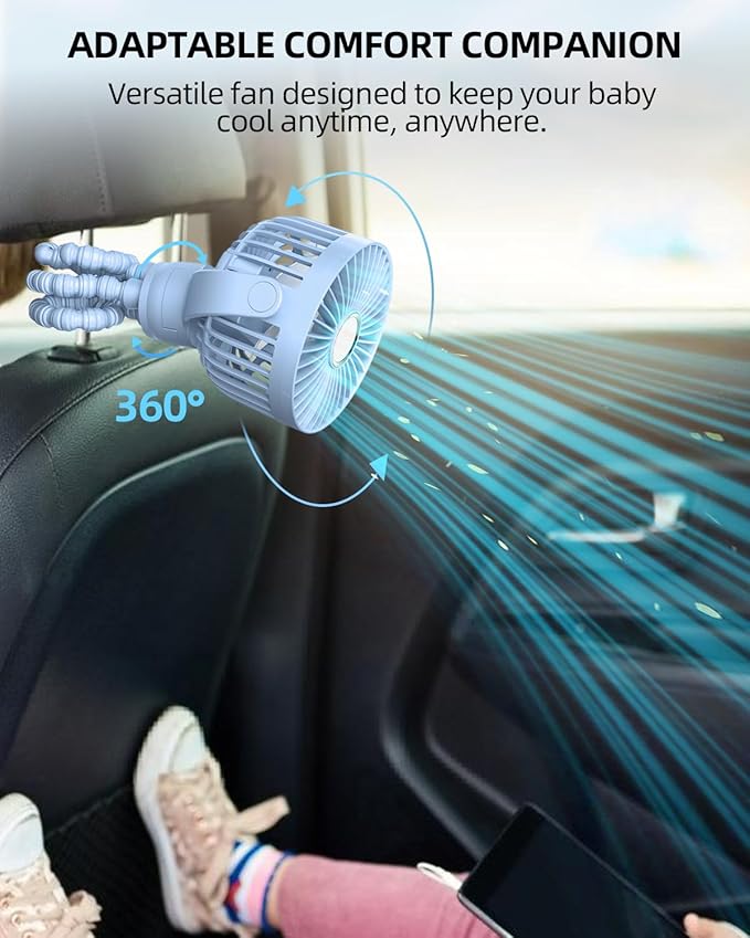 buywoo Portable Stroller Mini Fan, Small Rechargeable Personal Fan, Travel Essentials for Baby, Wagon, Car Seat, Treadmill, Battery Powered Biking Gear Accessories, 360° Rotation, 3-Speed, Display