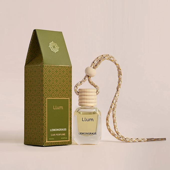 Llum Lemongrass Hanging Car Air Freshener – Luxury Automotive Perfume Diffuser 10ml (0.34 fl oz), Long-Lasting Fragrance, Alcohol-Free Non-Toxic Scent, Glass Bottle With Wood Cap & AC Vent Clip