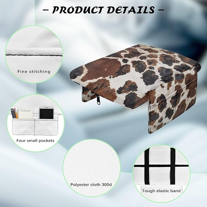 Wanyint Brown Black Cow Print Car Center Console Pad Soft Armrest Cover Protector with Pockets Storage Bag Scratch Resistant Arm Rest Covering Middle Console Pad Auto Decoration