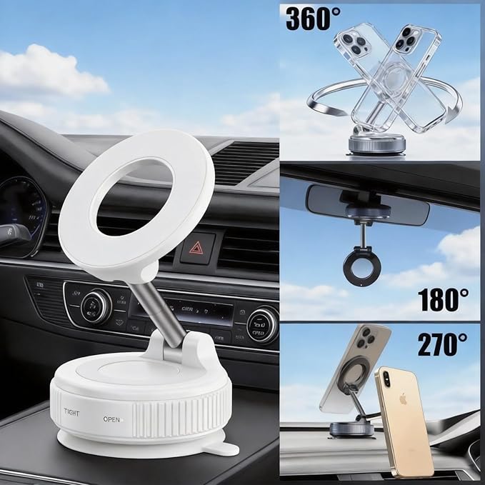 Car Phone Holder 2026 Upgraded, 360° Adjustable Magsafe Car Mount Holder[98 LBS Strongest Suction] Dashboard Windshield Vacuum Magnetic Phone Holder for Your Car fit iPhone & Android