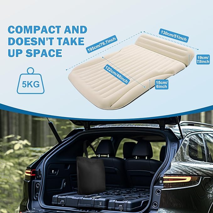Car Bed with The Most Complete Sleeping Accessories,Leakproof Durable Car Mattress, with Pillow & Pump|for SUV Minivan Mpv Road Trip Inflatable Bed,Single-Sided Flocking Off-White + Gray