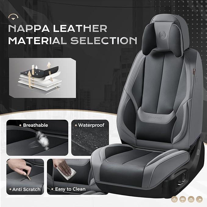 Coverado Seat Covers Full Set, 5 Seats Seat Covers for Cars, Waterproof Nappa Leather Car Seat Covers with Head Pillow, Seat Protectors Car Seat Cushion Universal Fit for Most Cars (Gray&Black)