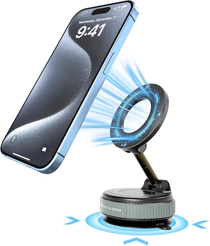 Vacuum Car Phone Holder Magnetic with 24 Mags, 360-Degree Adjustable Suction Cup Mount, Rotary Suction & Release for Easy Storage, Compatible with MagSafe & Magnetic Cases, Black