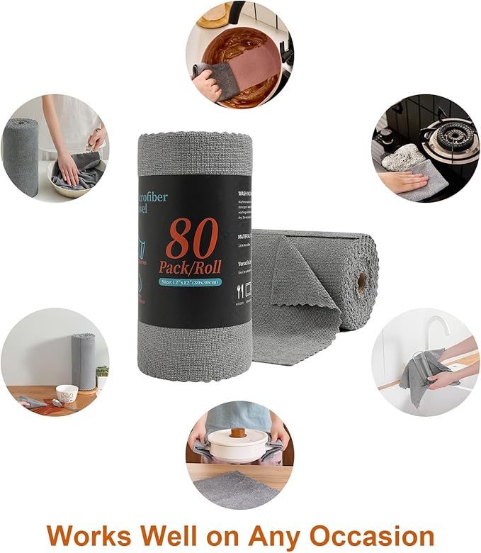 80 Pack Microfiber Cleaning Cloth Roll,Lint Free Rags & Tear Away Reusable Towels Washable Scratch,Ultra Absorbent Dish Rags(12" x 12") for Car Kitchen Home Garage-Dark Gray