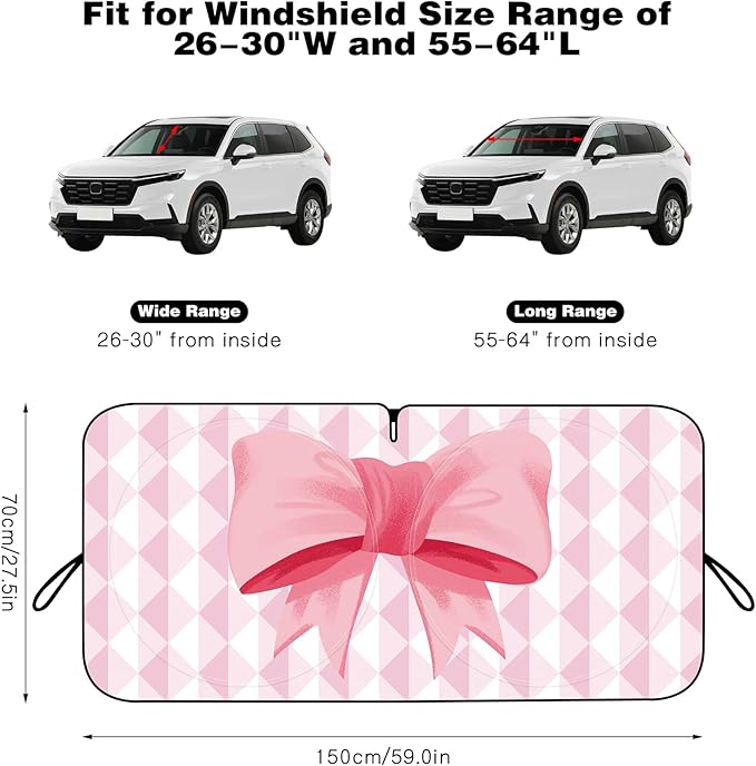 Car Windshield Sun Shade, Cute Bow Sun Visor - Wear-Resistant Black Tape, Foldable 59'x27.5'/63''x31.5''
