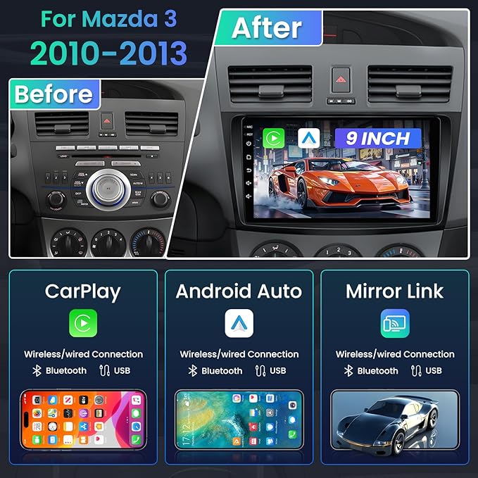 Car Stereo for Mazda 3 for 2010 2011 2012 2013 - with Wireless CarPlay Android Auto 9" Touchscreen 4+64GB GPS BT5.4 Backup Camera - Fit for Bose System