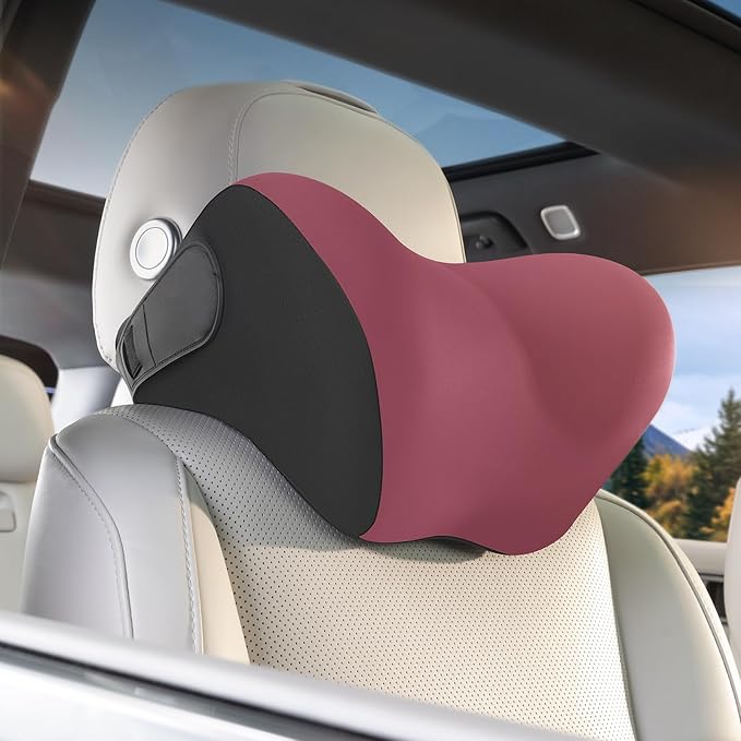 BEBAS Car Headrest Pillow, Memory Foam Neck Support Pillow for Cars - Ergonomically Designed for Long Drives, Travel & Commuting, Pain Relief with Removable & Washable Cover (Red)