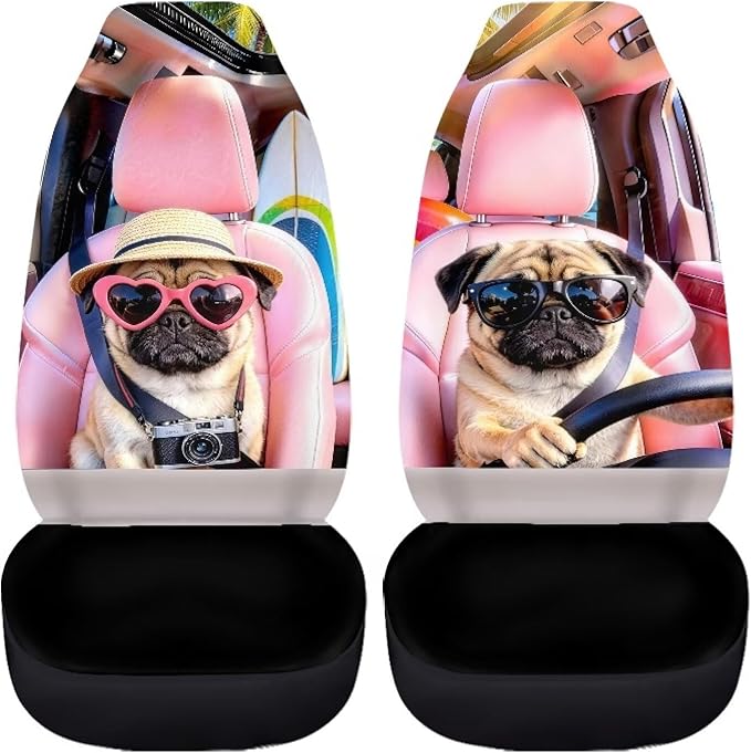 Pug Car Front Seat Covers 2 Pcs Stretch Polyester Fabric Cover Funny Car Seat Covers Protector Anti-Slip Protection Interior Accessories for Most Cars Sedans and SUVs