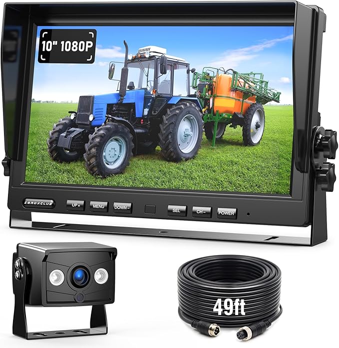 ZEROXCLUB 10" 1080P Wired Rear View Backup Camera System, Quad Split Screen IP69K Waterproof Reverse Camera, Vibration-Proof 10G for Tractor, Truck, Trailer, Combine, Heavy Equipment, BH101