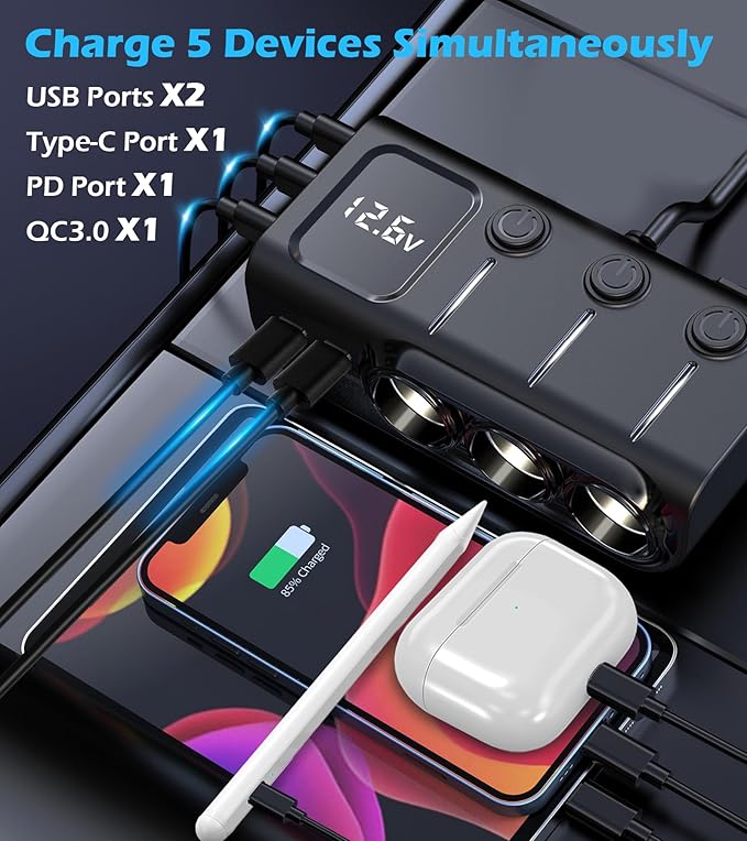 8 in 1Cigarette Lighter Splitter,LIHAN 3 Expander Socket Car Charger Adapter & 5 USB Ports(Type-C PD36W/QC3.0),12V/24V Plug,120W Outlet with LED Voltmeter,3.3FT Cable for Car,Truck,SUV,RV,Camping