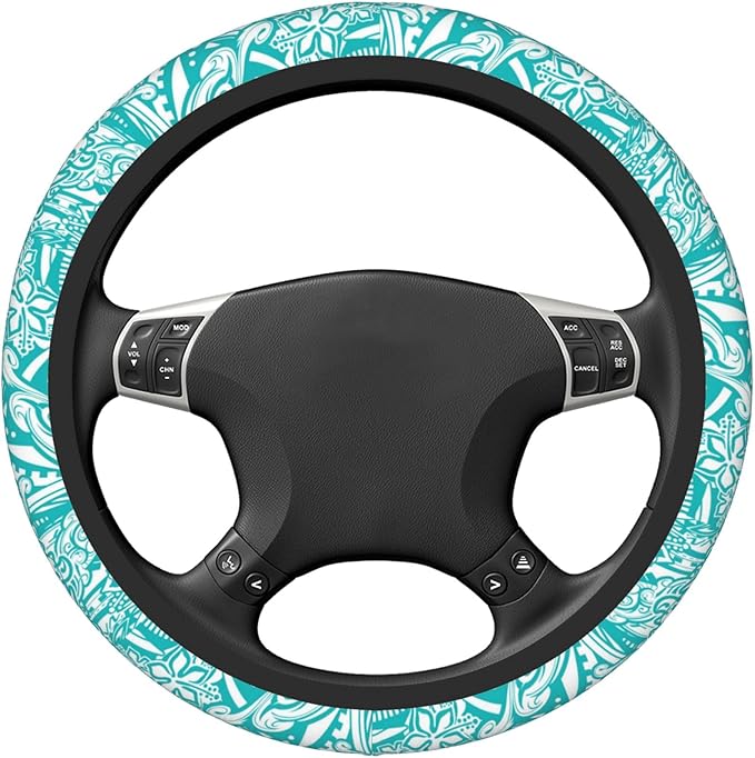 Hawaiian Teal Tribal Turtles Car Steering Wheel Cover for Women Men Stretch Cloth Anti-Slip Wrap Protector Case Fit Universal Auto Accessories Decor Sweat Absorption 14-15 Inch