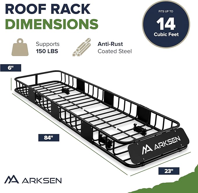 ARKSEN 84"x23"x6" Long and Narrow Car Roof Rack Cargo Carrier Rooftop Basket & Net, Heavy Duty Weather Resistant Luggage & Camping Gear Storage for Car, Truck or SUV Transport