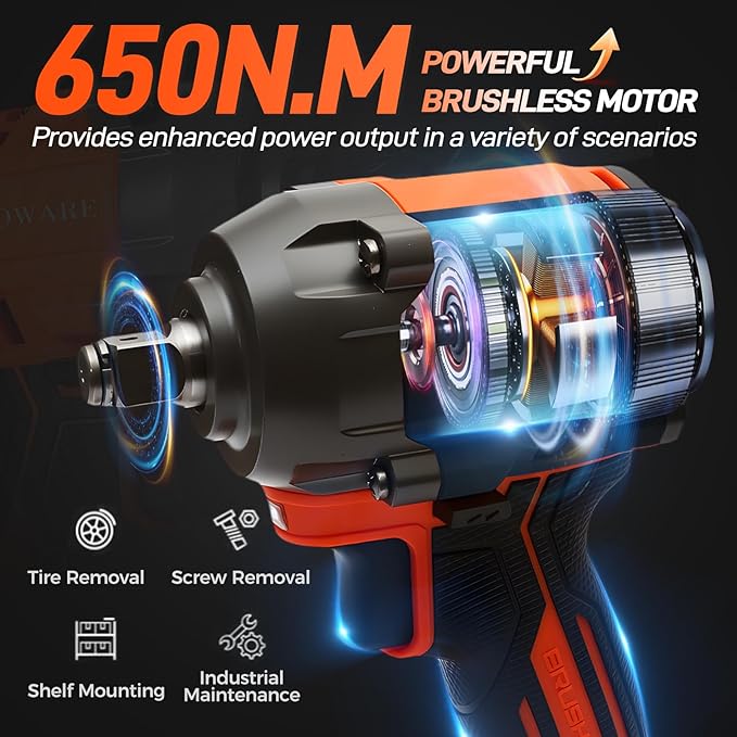 COMOWARE 650N.m (480 ft-lbs) Cordless Impact Wrench, 1/2" Brushless High Torque Impact Gun, 20V 4.0Ah Battery & Fast Charger, 6 Sockets w/case, 3-Speed Control (0-3000RPM) for Car, Truck RV, Mower