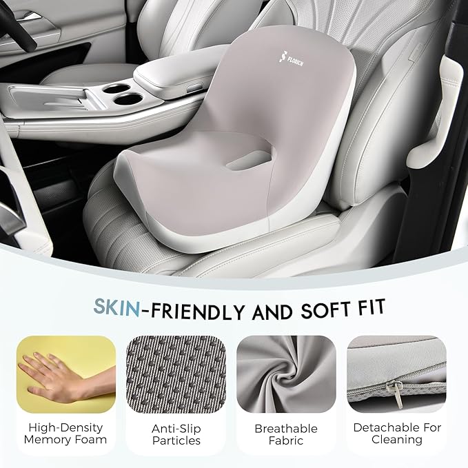Car Seat Cushion and Lumbar Support Pillow, Larger Memory Foam Seat Cushion, Ergonomic L-Shaped Design Cushion for Back Pain Relief, Non-Slip Driving Cushion for Car, Office, Truck, Wheelchair-Gray