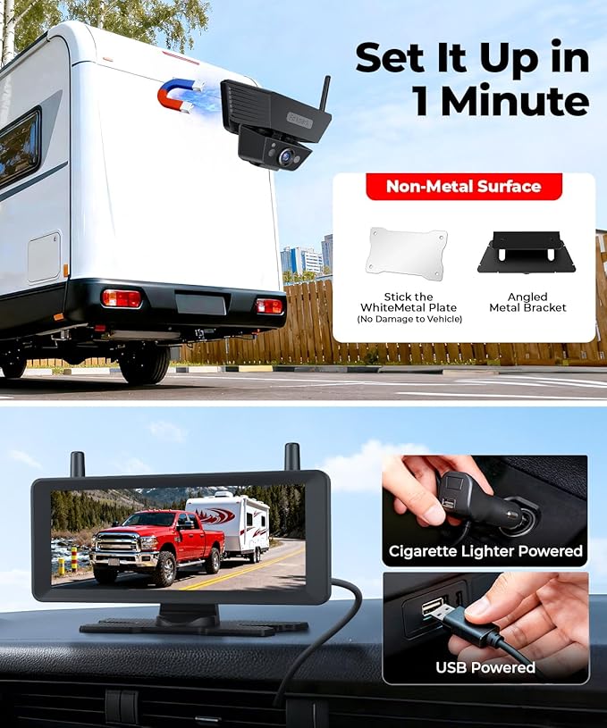 Wireless Backup Camera Solar Magnetic: 7.2" 1080P HD Split-Screen Monitor with Strong Signal, 1Min Easy Install, DVR Recording, Portable Storage Bag, Back up Camera for RV, Truck, Trailer, Camper