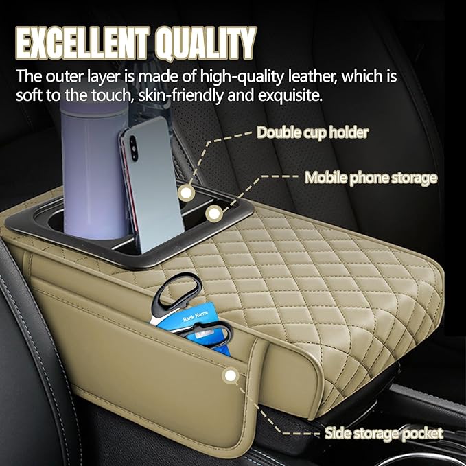 Hovom Car Center Console Cover, 13.39"×7.87"×2.76" Leather Armrest Cover for Cars, Memory Foam Armrest Pillow with Pocket, Cup Holder & Phone Slot, Universal Vehicle Arm Rest Cushion Pad (Beige)