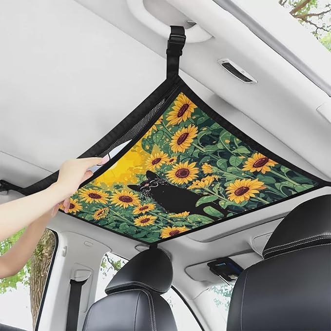 Generic Cat Sunflower Car Storage Mesh Organizer Ceiling Cargo Net Double-Layer Adjustable Zipper Truck SUVs Travel Road Trip Essentials Interior Organizer