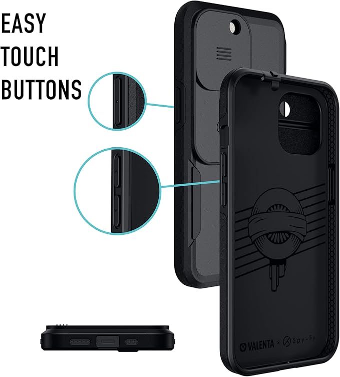 Spy-Fy iPhone 13 Pro Case with Camera Covers Front and Rear | Protect Your iPhone and Privacy | 6-Foot Drop Proof | 6,1 Inch | Camera Protection by Valenta. Black